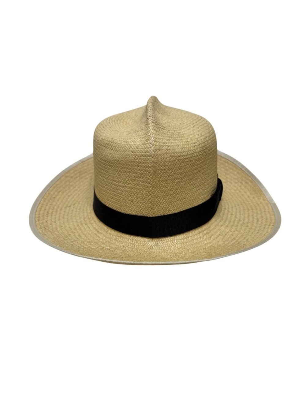 Vintage Genuine Panama Handwoven Straw Wide Brim Hat Black Ribbon Size 6 7/8